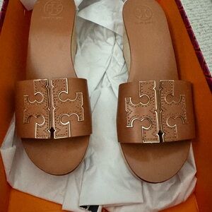 Tory Burch Tan and Spark Gold Wedge Slides